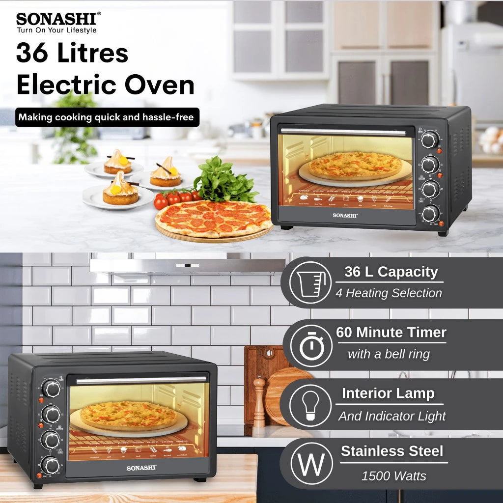 Sonashi 36L Electric Oven with Rotisserie & Convection | 1500W Countertop Oven with Timer, 4 Knobs, Adjustable Temperature 100–250°C | Bake Tray, Rack, Handle & Tong Included – STO-731 Black - Damoo