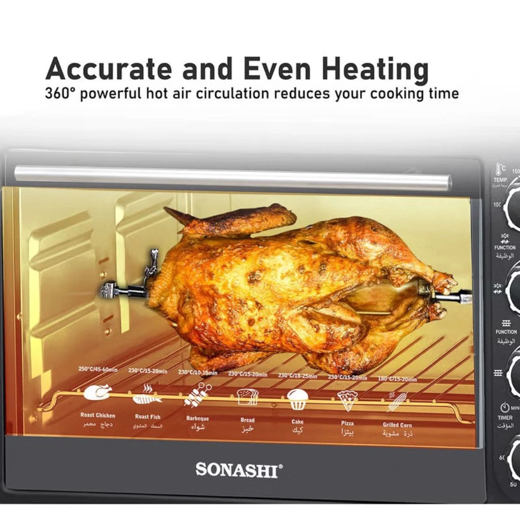 Sonashi 36L Electric Oven with Rotisserie & Convection | 1500W Countertop Oven with Timer, 4 Knobs, Adjustable Temperature 100–250°C | Bake Tray, Rack, Handle & Tong Included – STO-731 Black - Damoo