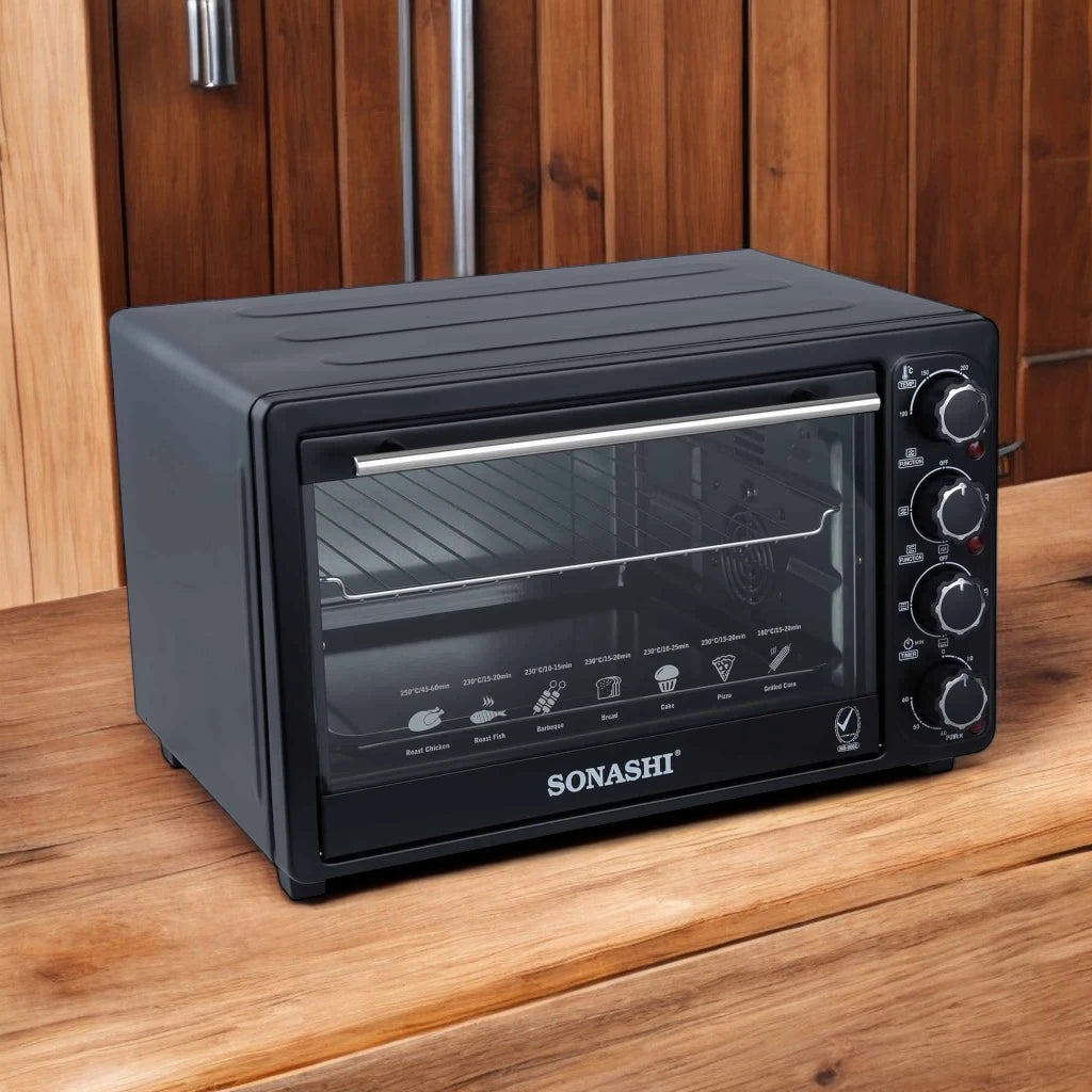 Sonashi 36L Electric Oven with Rotisserie & Convection | 1500W Countertop Oven with Timer, 4 Knobs, Adjustable Temperature 100–250°C | Bake Tray, Rack, Handle & Tong Included – STO-731 Black - Damoo