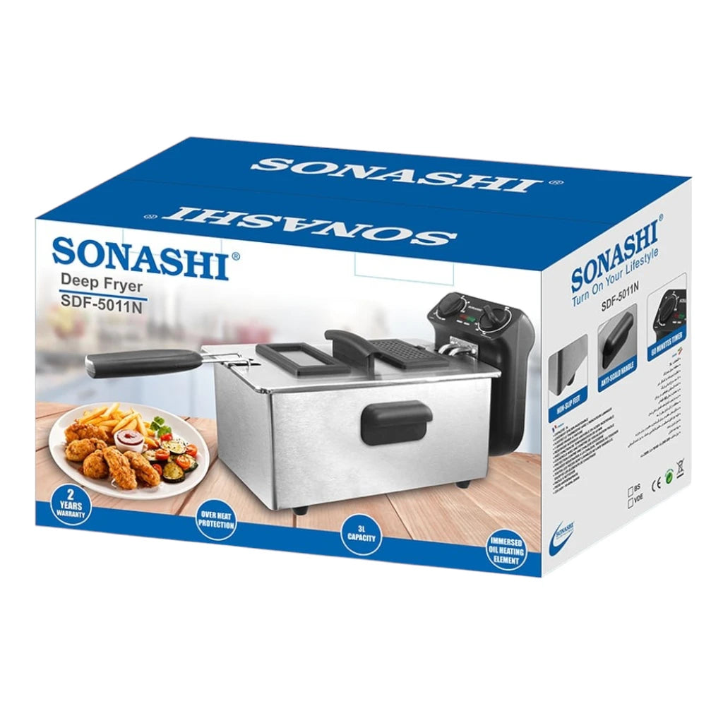 Sonashi 3L Electric Deep Fryer – 2000W | Stainless Steel Housing, Adjustable Thermostat, Dishwasher Safe Parts – SDF-5011 Silver/Black - Damoo