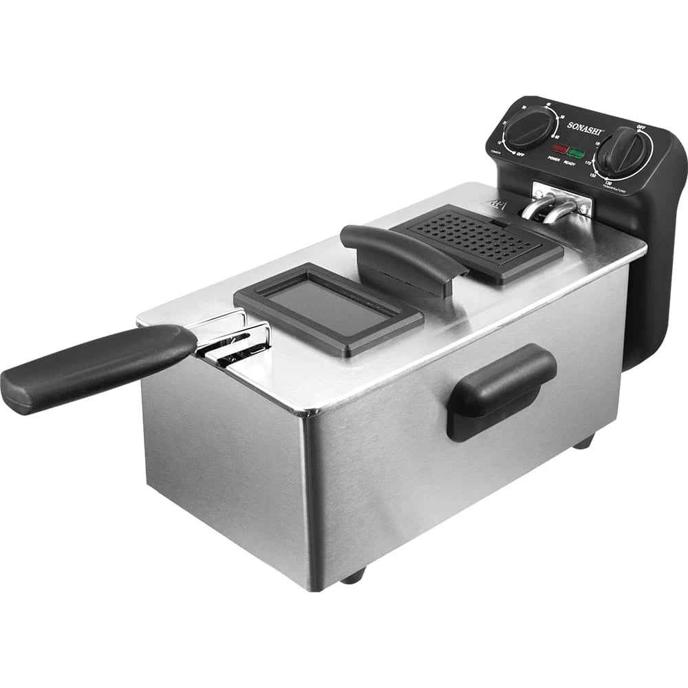 Sonashi 3L Electric Deep Fryer – 2000W | Stainless Steel Housing, Adjustable Thermostat, Dishwasher Safe Parts – SDF-5011 Silver/Black - Damoo