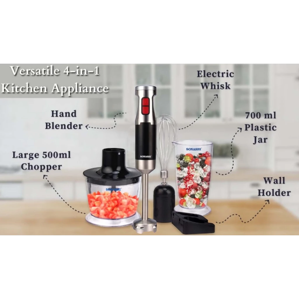 Sonashi 4-in-1 Hand Blender Set – 600W Powerful Motor | With 700ml Mixing Jar, 500ml Chopper, Whisk & Stainless Steel Shaft | Easy Speed Control – Black/Silver | SHB-179JBCW - Damoo