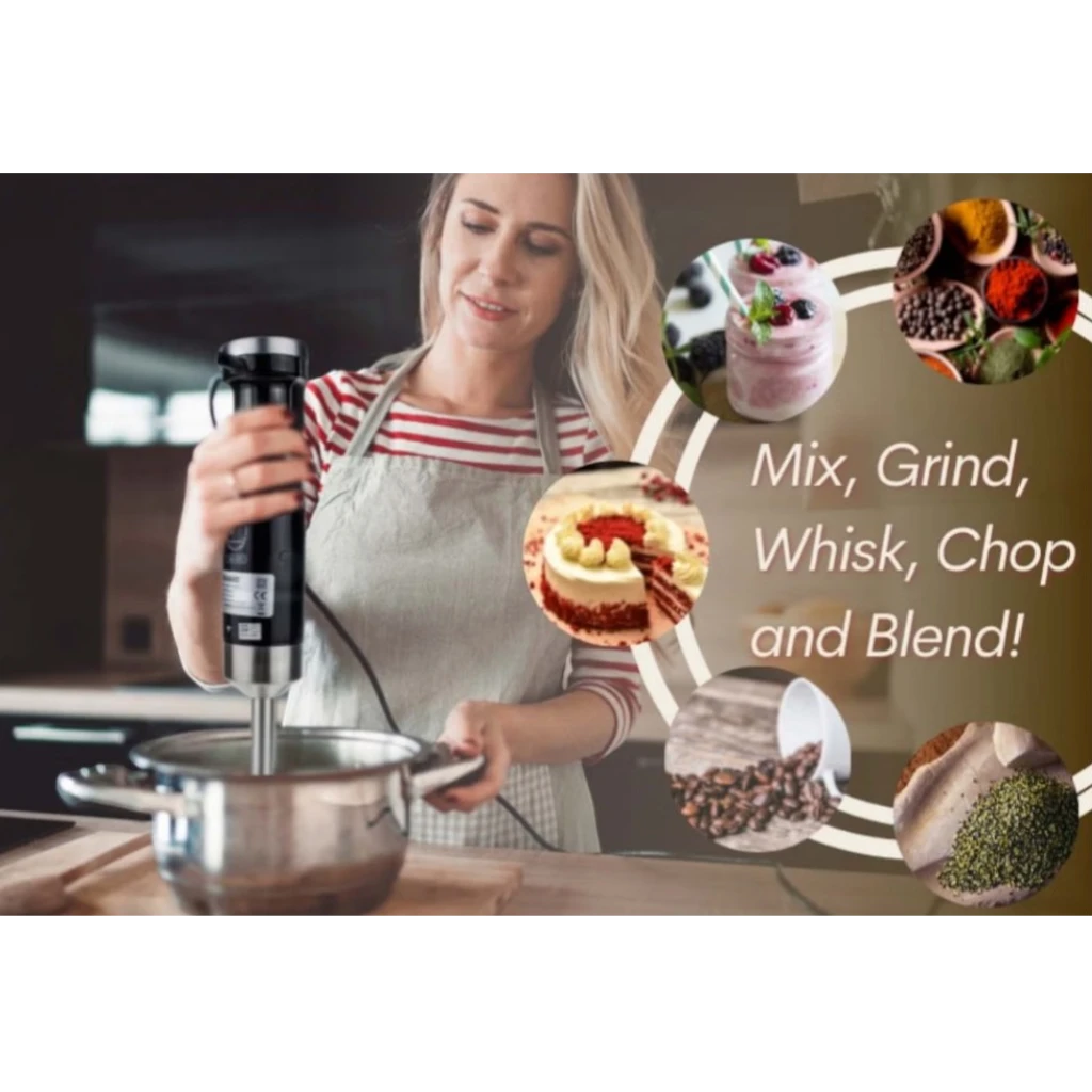 Sonashi 4-in-1 Hand Blender Set – 600W Powerful Motor | With 700ml Mixing Jar, 500ml Chopper, Whisk & Stainless Steel Shaft | Easy Speed Control – Black/Silver | SHB-179JBCW - Damoo