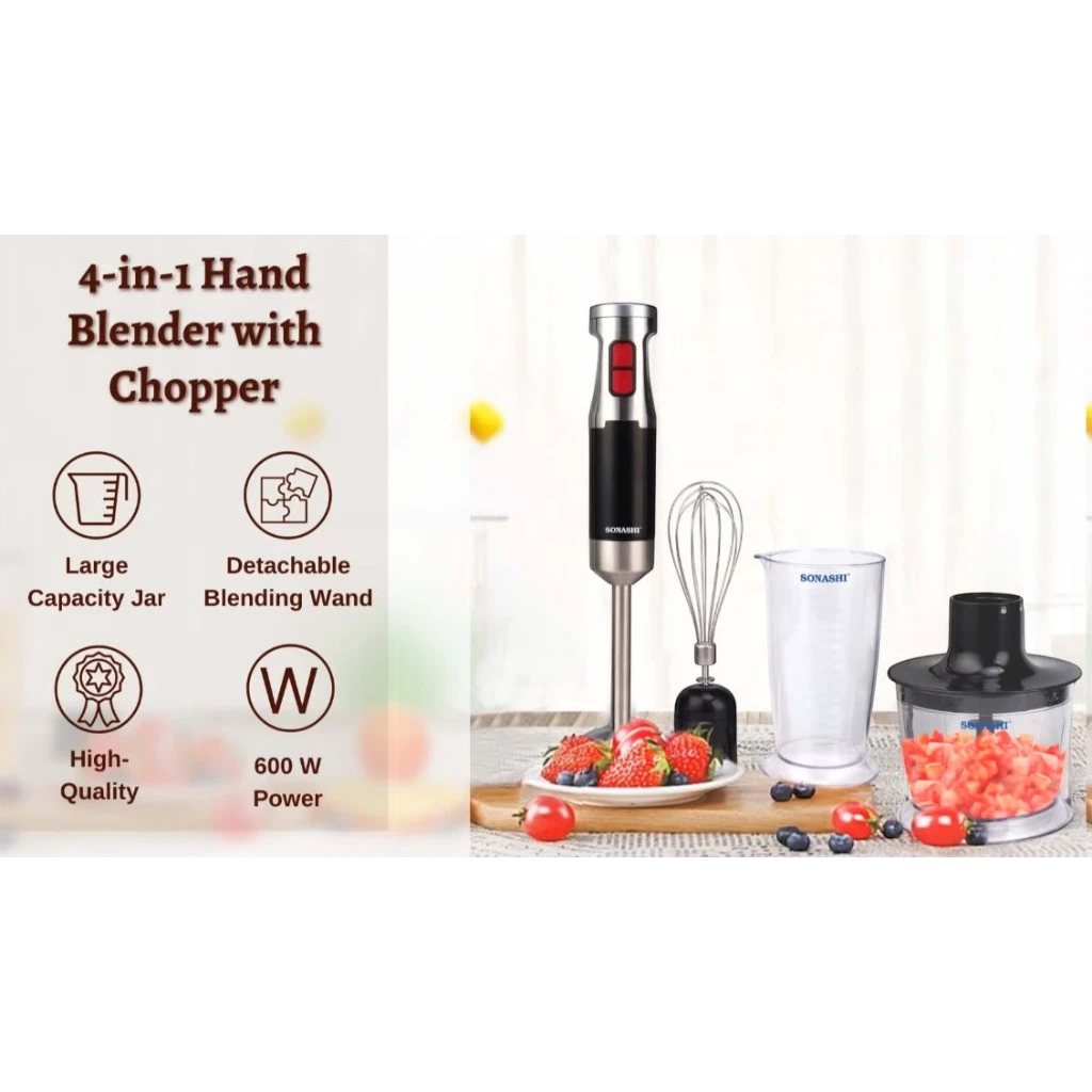 Sonashi 4-in-1 Hand Blender Set – 600W Powerful Motor | With 700ml Mixing Jar, 500ml Chopper, Whisk & Stainless Steel Shaft | Easy Speed Control – Black/Silver | SHB-179JBCW - Damoo