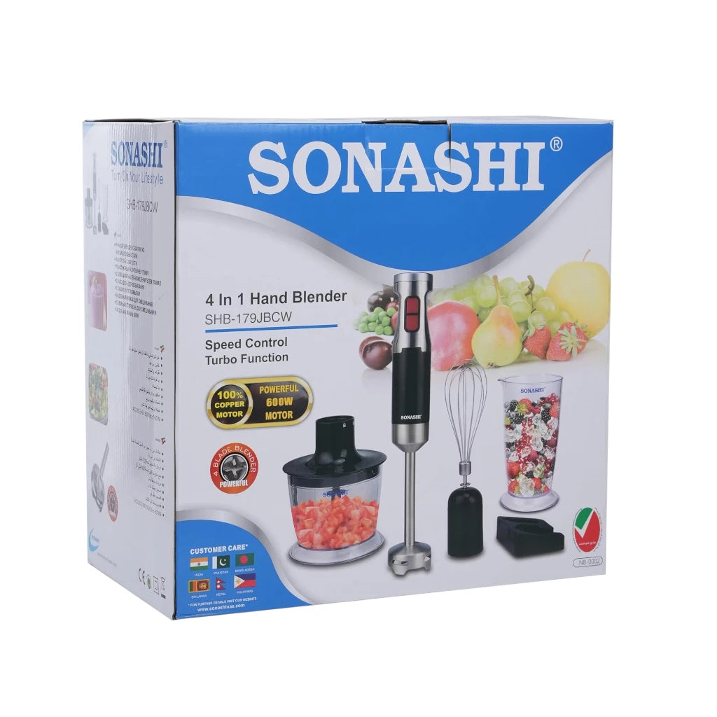 Sonashi 4-in-1 Hand Blender Set – 600W Powerful Motor | With 700ml Mixing Jar, 500ml Chopper, Whisk & Stainless Steel Shaft | Easy Speed Control – Black/Silver | SHB-179JBCW - Damoo