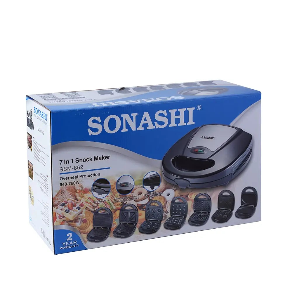 Sonashi 7-in-1 Multi Snack Maker SSM-862 – Detachable Plates for Sandwich, Waffle, Donut, Grill, Cupcake, Omelet & Nutty Snacks | Non-Stick, Compact Design, Cool-Touch Handle | 220-240V - Damoo