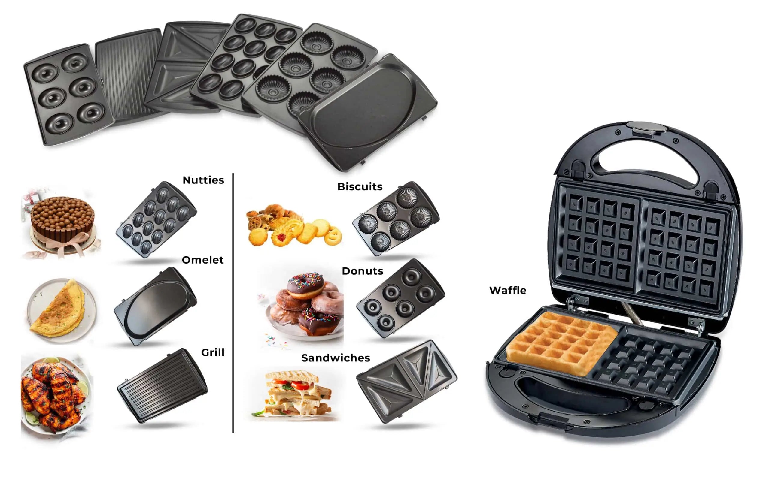 Sonashi 7-in-1 Multi Snack Maker SSM-862 – Detachable Plates for Sandwich, Waffle, Donut, Grill, Cupcake, Omelet & Nutty Snacks | Non-Stick, Compact Design, Cool-Touch Handle | 220-240V - Damoo