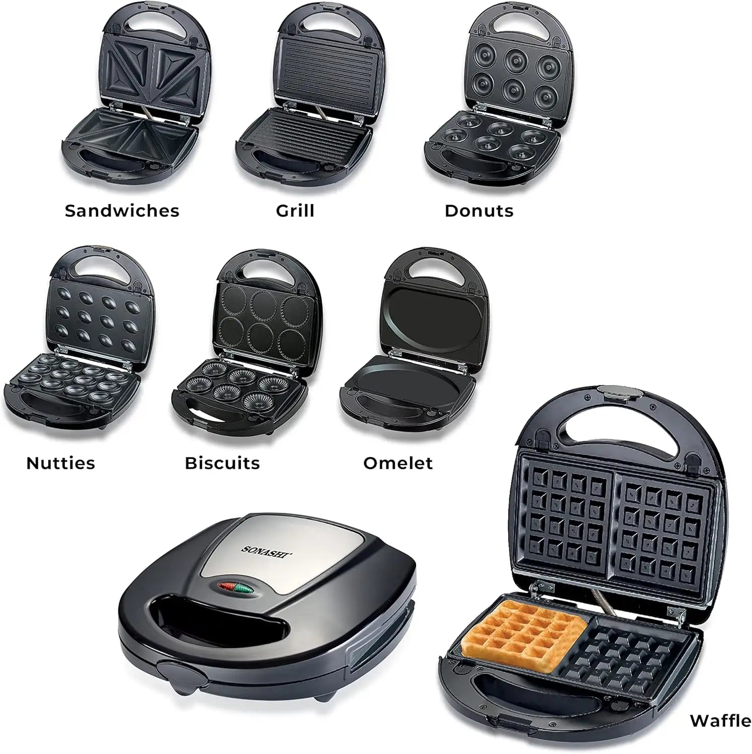 Sonashi 7-in-1 Multi Snack Maker SSM-862 – Detachable Plates for Sandwich, Waffle, Donut, Grill, Cupcake, Omelet & Nutty Snacks | Non-Stick, Compact Design, Cool-Touch Handle | 220-240V - Damoo