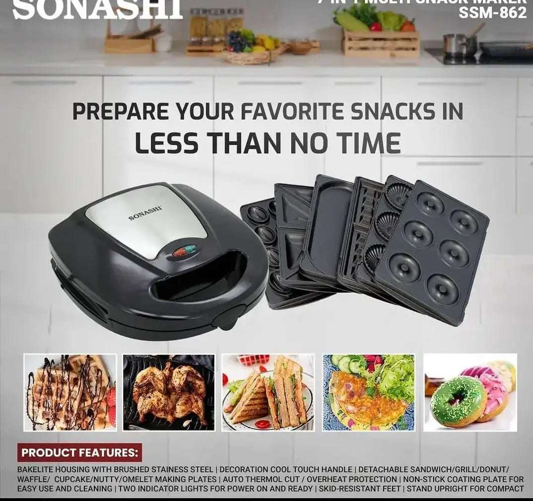 Sonashi 7-in-1 Multi Snack Maker SSM-862 – Detachable Plates for Sandwich, Waffle, Donut, Grill, Cupcake, Omelet & Nutty Snacks | Non-Stick, Compact Design, Cool-Touch Handle | 220-240V - Damoo