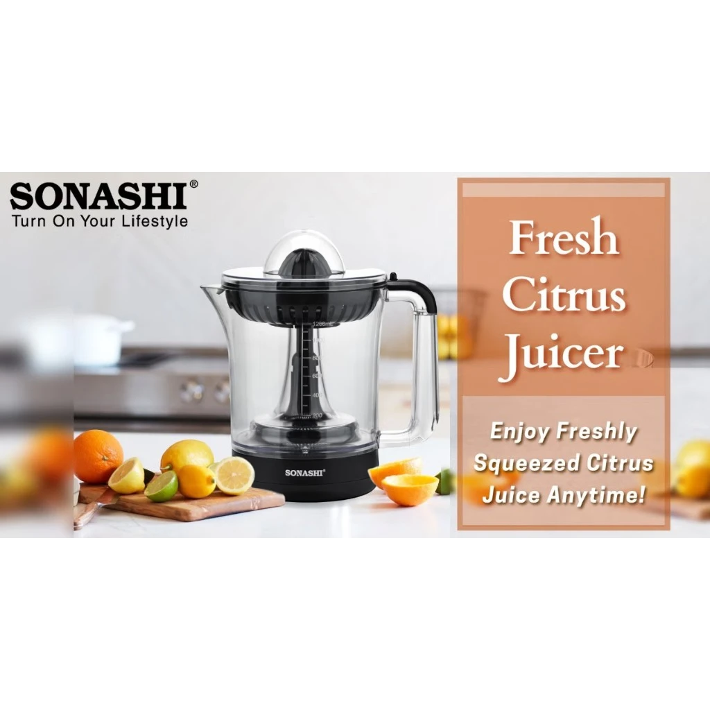 Sonashi Citrus Juicer 1.2L – Electric Juicer for Lemon, Lime & Orange with Two-Way Rotating Cones, Anti-Dust Cover, Stainless Steel Design, 40W – SCJ-324 Black - Damoo