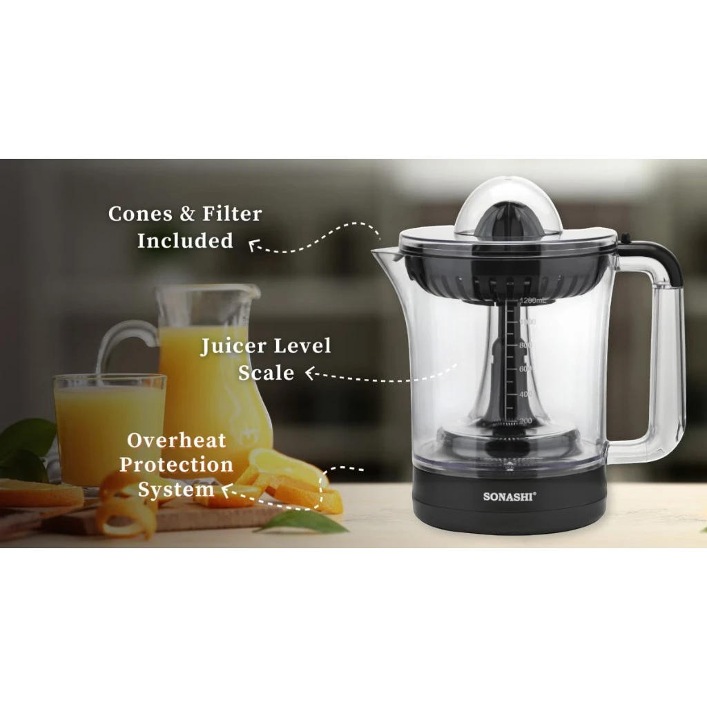 Sonashi Citrus Juicer 1.2L – Electric Juicer for Lemon, Lime & Orange with Two-Way Rotating Cones, Anti-Dust Cover, Stainless Steel Design, 40W – SCJ-324 Black - Damoo