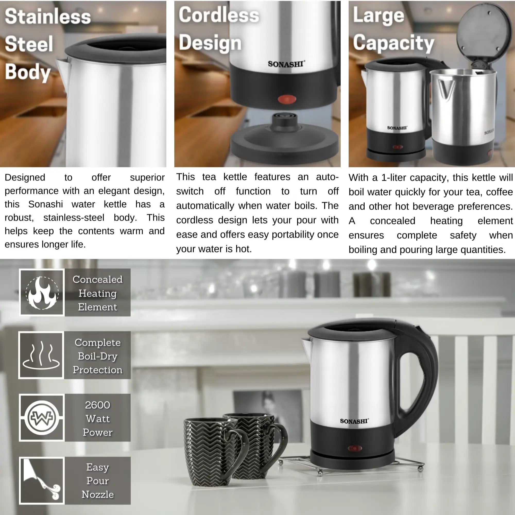 Sonashi Cordless Electric Kettle – 1L Stainless Steel Body, Fast Boil, Auto Shut-Off, Boil-Dry Protection, Light Indicator, 360° Swivel Base - SKT-1001 - Damoo