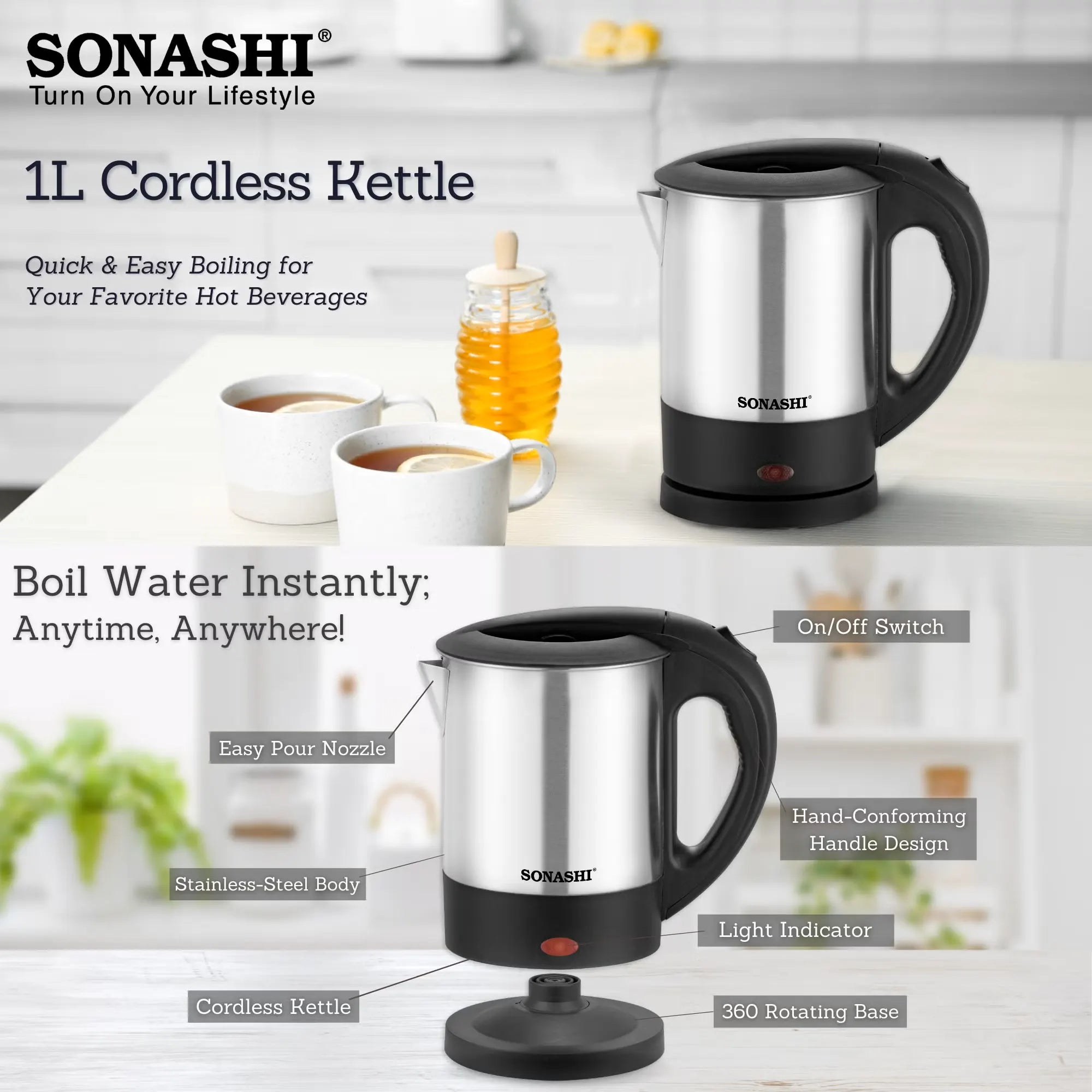 Sonashi Cordless Electric Kettle – 1L Stainless Steel Body, Fast Boil, Auto Shut-Off, Boil-Dry Protection, Light Indicator, 360° Swivel Base - SKT-1001 - Damoo