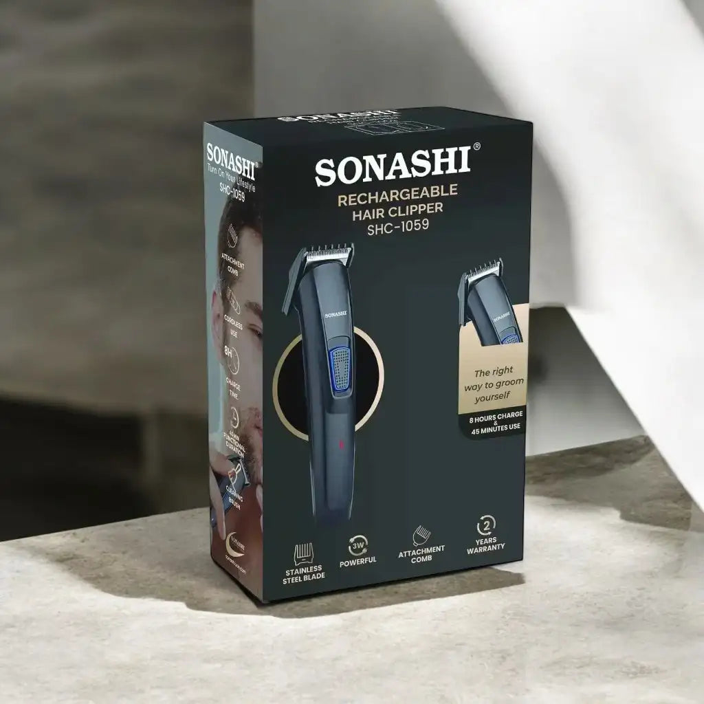 Sonashi Cordless Hair Clipper – Rechargeable Grooming Kit with 5 Combs, USB Charging, Stainless Steel Blade & Accessories | 45-Min Runtime | Sleek Black Design | SHC-1059 - Damoo