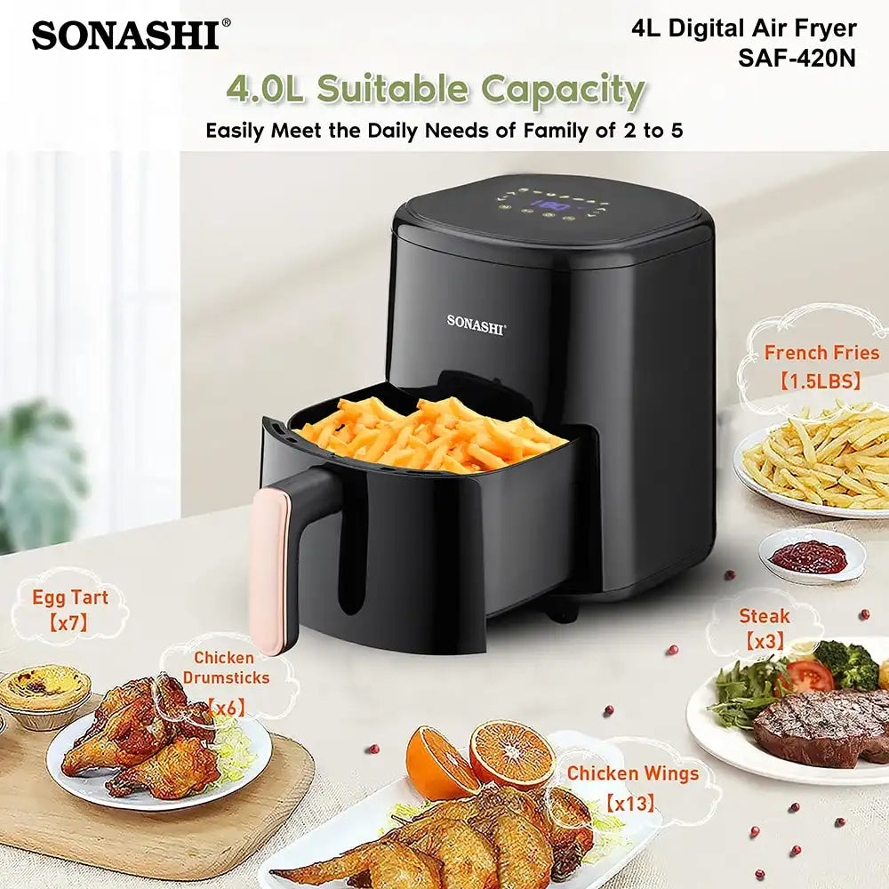 Sonashi Digital Air Fryer 4.0L – Non-Stick Basket, LED Display, 1200W Power, Adjustable Temperature (80–200°C), 60-Min Timer, Overheat Protection & Auto Shut-Off – SAF-420N - Damoo