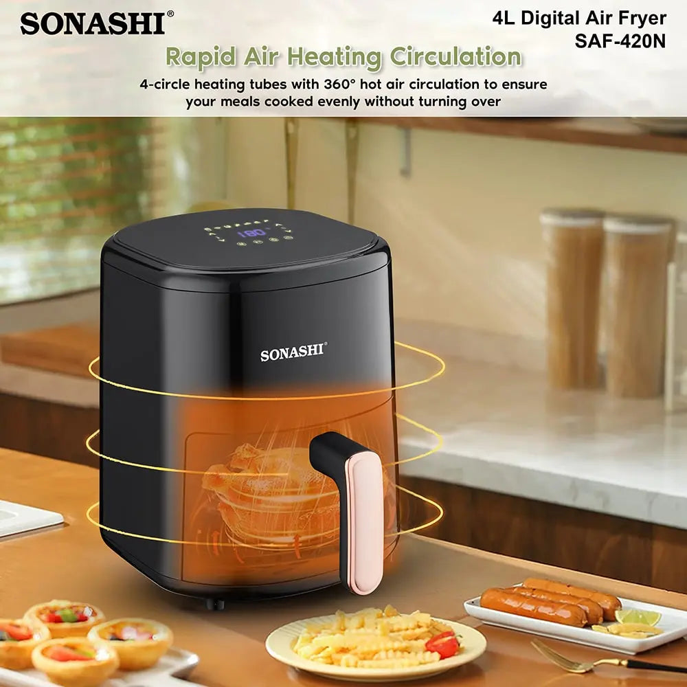 Sonashi Digital Air Fryer 4.0L – Non-Stick Basket, LED Display, 1200W Power, Adjustable Temperature (80–200°C), 60-Min Timer, Overheat Protection & Auto Shut-Off – SAF-420N - Damoo