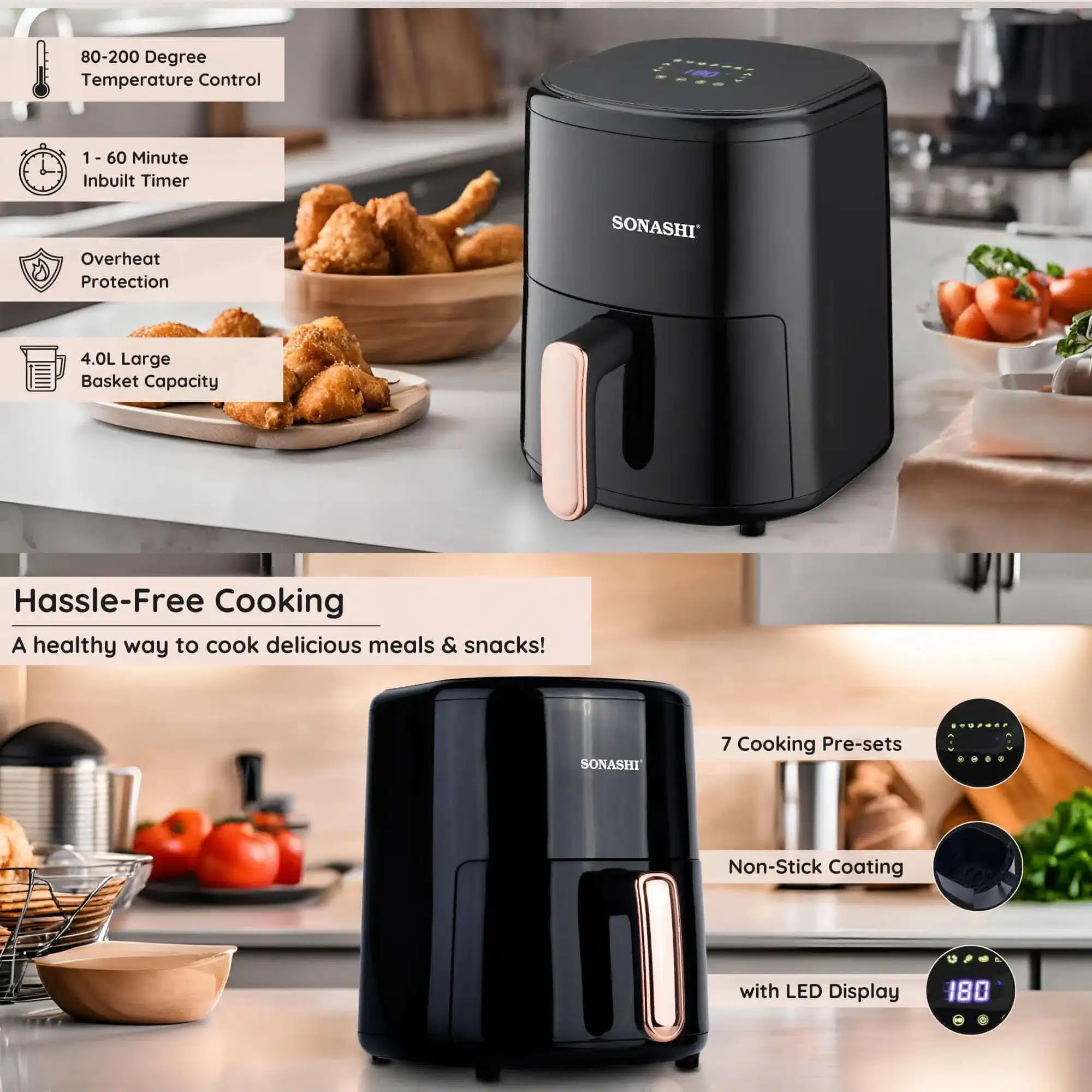Sonashi Digital Air Fryer 4.0L – Non-Stick Basket, LED Display, 1200W Power, Adjustable Temperature (80–200°C), 60-Min Timer, Overheat Protection & Auto Shut-Off – SAF-420N - Damoo