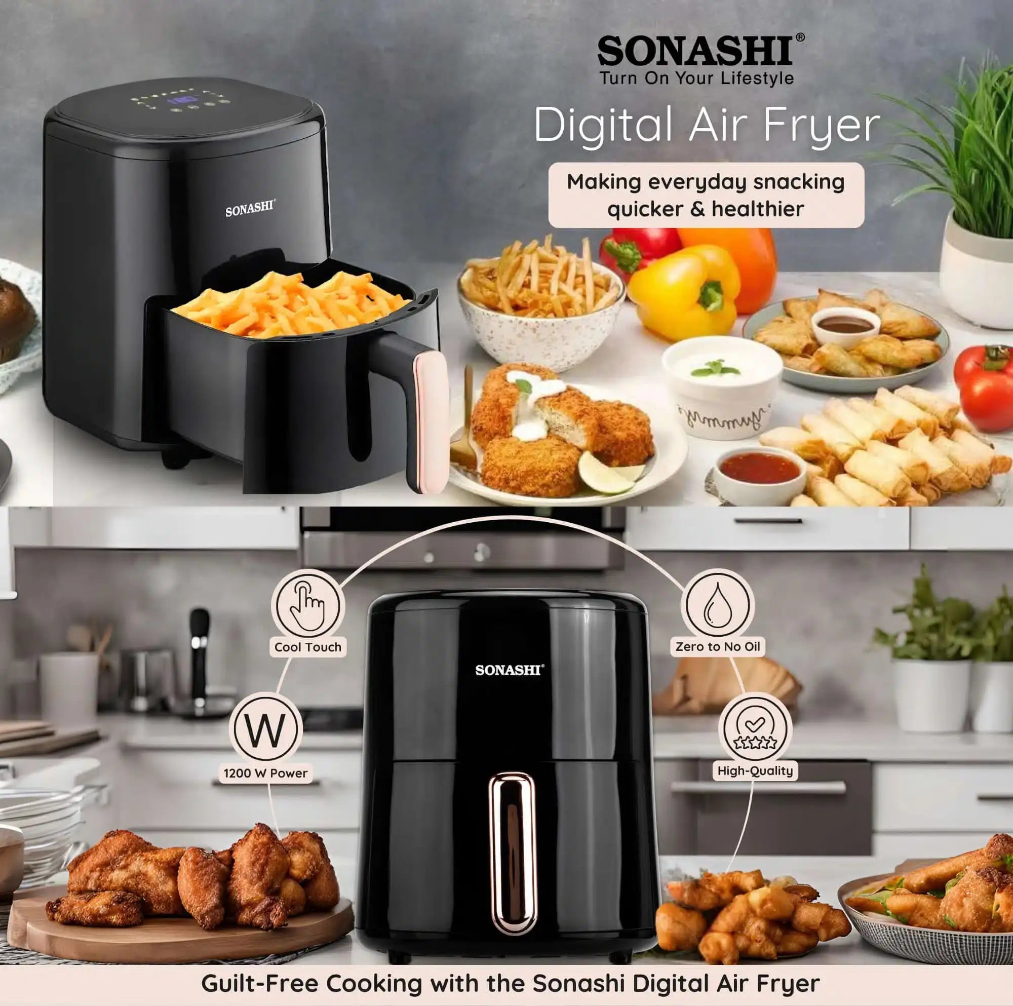 Sonashi Digital Air Fryer 4.0L – Non-Stick Basket, LED Display, 1200W Power, Adjustable Temperature (80–200°C), 60-Min Timer, Overheat Protection & Auto Shut-Off – SAF-420N - Damoo