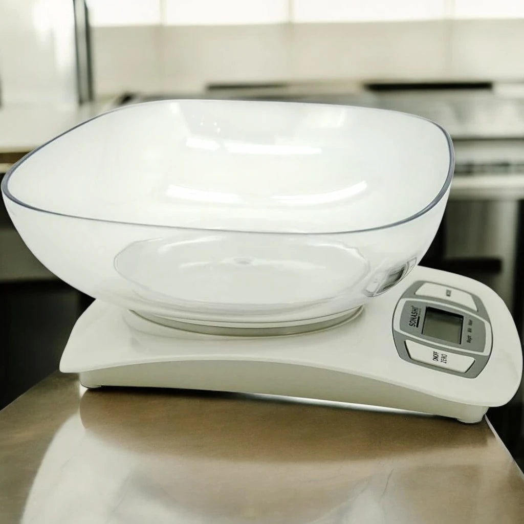 Sonashi Digital Kitchen Scale – 5kg Capacity, LCD Display, Transparent Measuring Bowl, Auto Shut-Off, Low Battery & Overload Indicator - SKS-001 - Damoo