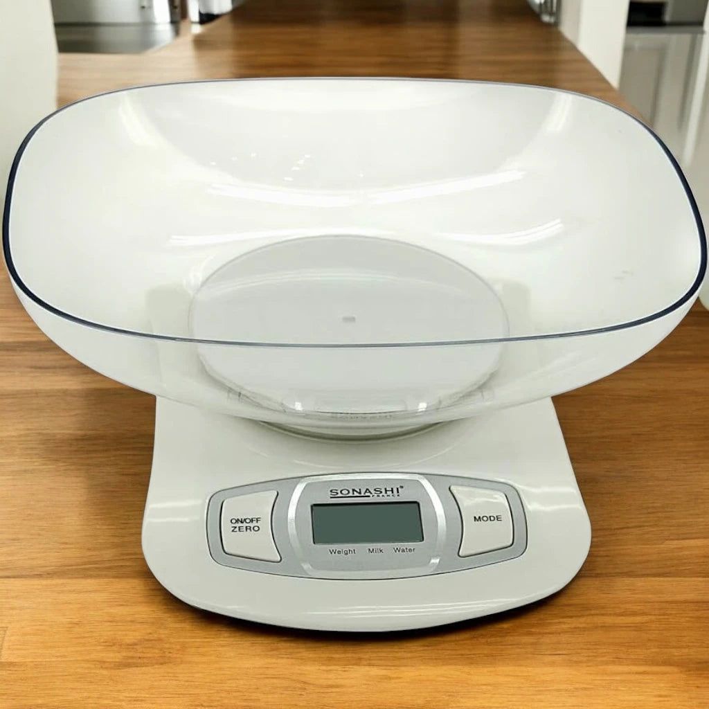 Sonashi Digital Kitchen Scale – 5kg Capacity, LCD Display, Transparent Measuring Bowl, Auto Shut-Off, Low Battery & Overload Indicator - SKS-001 - Damoo