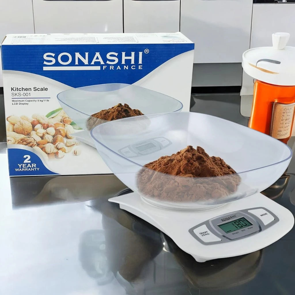 Sonashi Digital Kitchen Scale – 5kg Capacity, LCD Display, Transparent Measuring Bowl, Auto Shut-Off, Low Battery & Overload Indicator - SKS-001 - Damoo