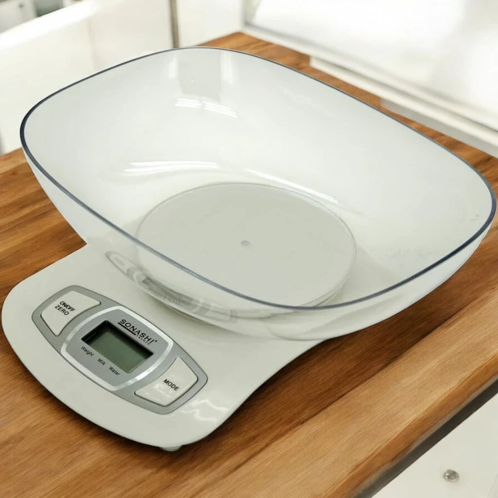 Sonashi Digital Kitchen Scale – 5kg Capacity, LCD Display, Transparent Measuring Bowl, Auto Shut-Off, Low Battery & Overload Indicator - SKS-001 - Damoo