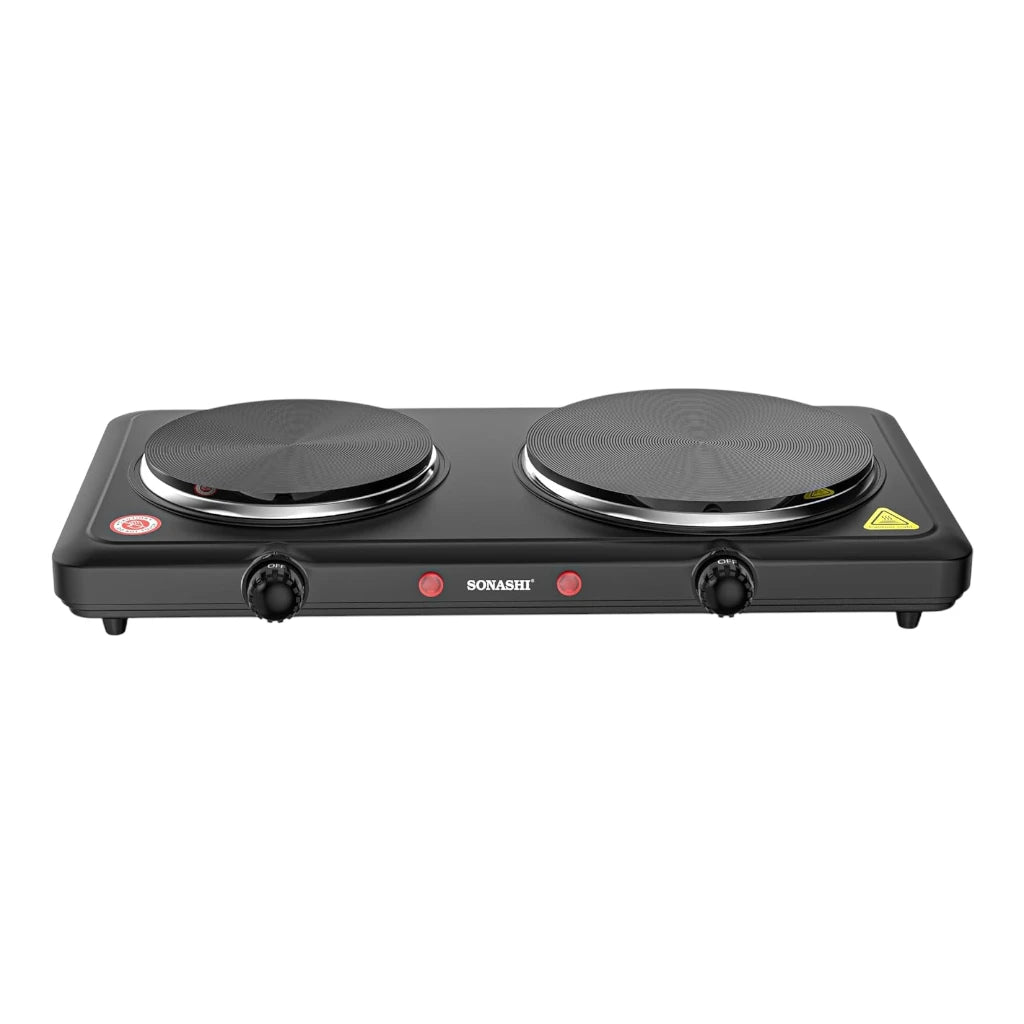 Sonashi Double Electric Hot Plate – 2500W Dual Burner Stove with Adjustable Temperature Control, Overheat Protection, Auto Thermostat, Non-Slip Rubber Feet & Indicator Light – Black - SHP-613N - Damoo