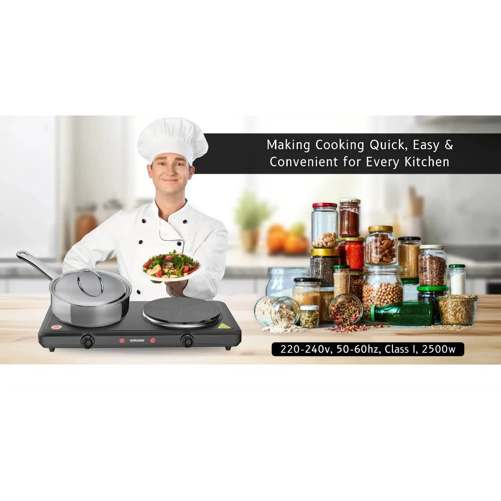 Sonashi Double Electric Hot Plate – 2500W Dual Burner Stove with Adjustable Temperature Control, Overheat Protection, Auto Thermostat, Non-Slip Rubber Feet & Indicator Light – Black - SHP-613N - Damoo