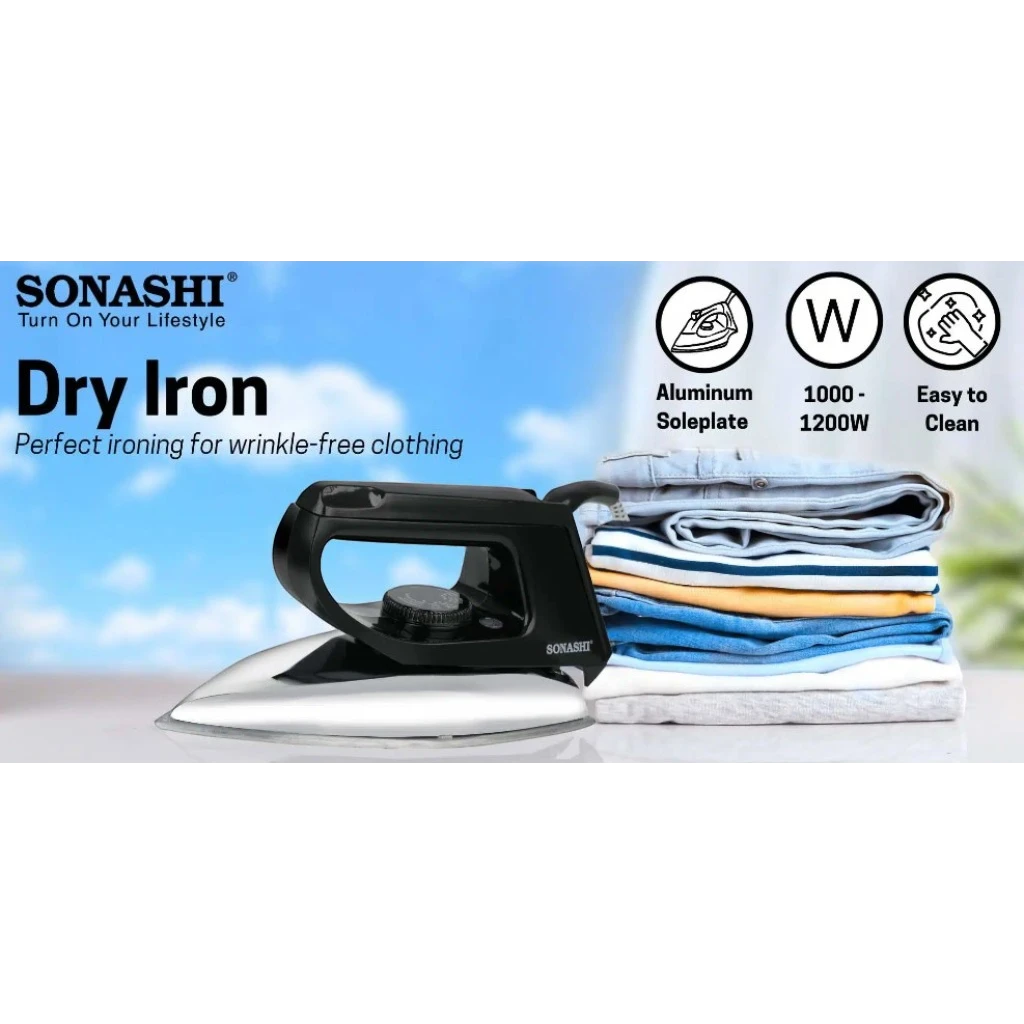 Sonashi Dry Iron 1200W – Heavy-Duty Aluminium Soleplate, Classic Black Finish, Overheat Protection – Ideal for Curtains, Suits & Dresses (SDI-6010) - Damoo