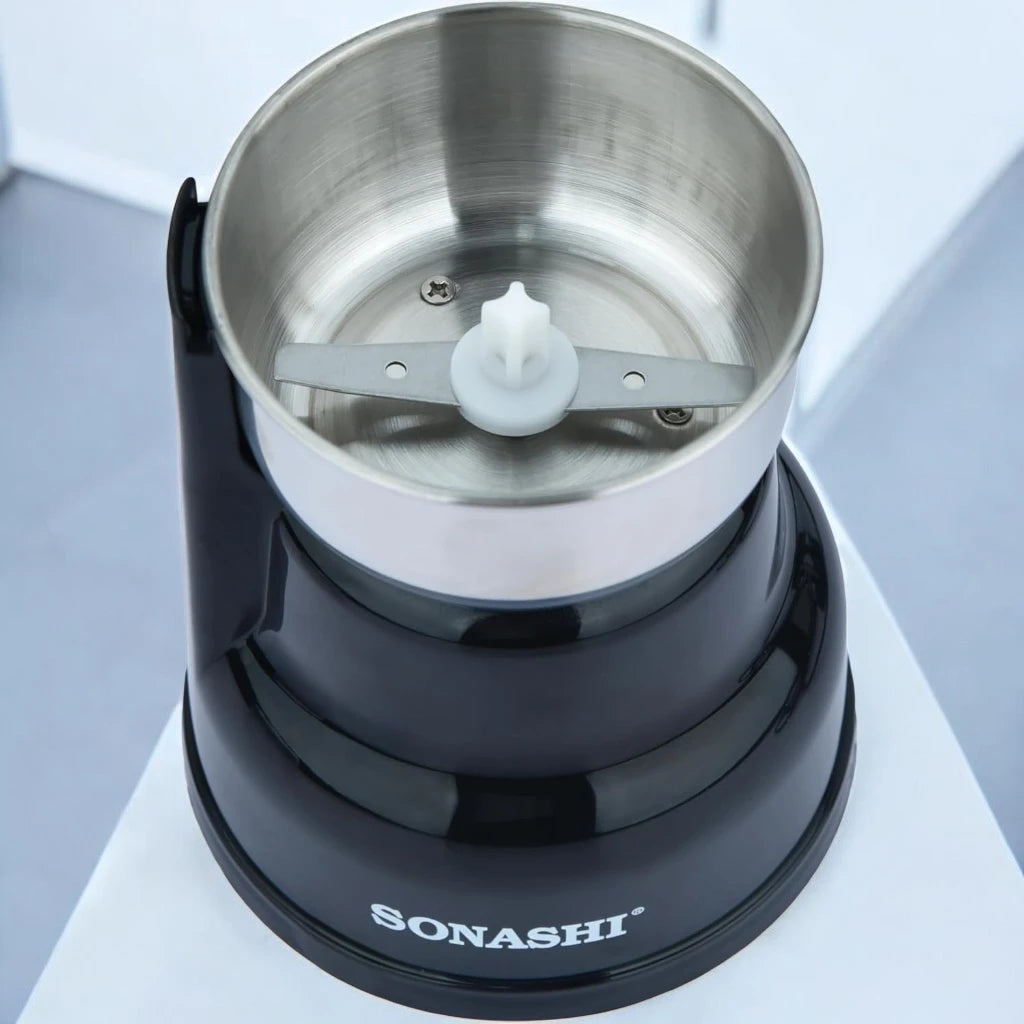 Sonashi Electric Coffee Grinder – 220ml Capacity, 250W Copper Motor, Stainless Steel Blade & Inner Tank, Low Noise Design – Ideal for Coffee Beans, Dry Spices, and Herbs – Black/Silver - SCG-4007 - Damoo