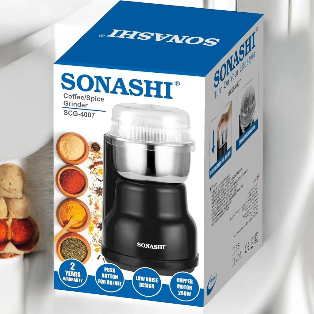 Sonashi Electric Coffee Grinder – 220ml Capacity, 250W Copper Motor, Stainless Steel Blade & Inner Tank, Low Noise Design – Ideal for Coffee Beans, Dry Spices, and Herbs – Black/Silver - SCG-4007 - Damoo