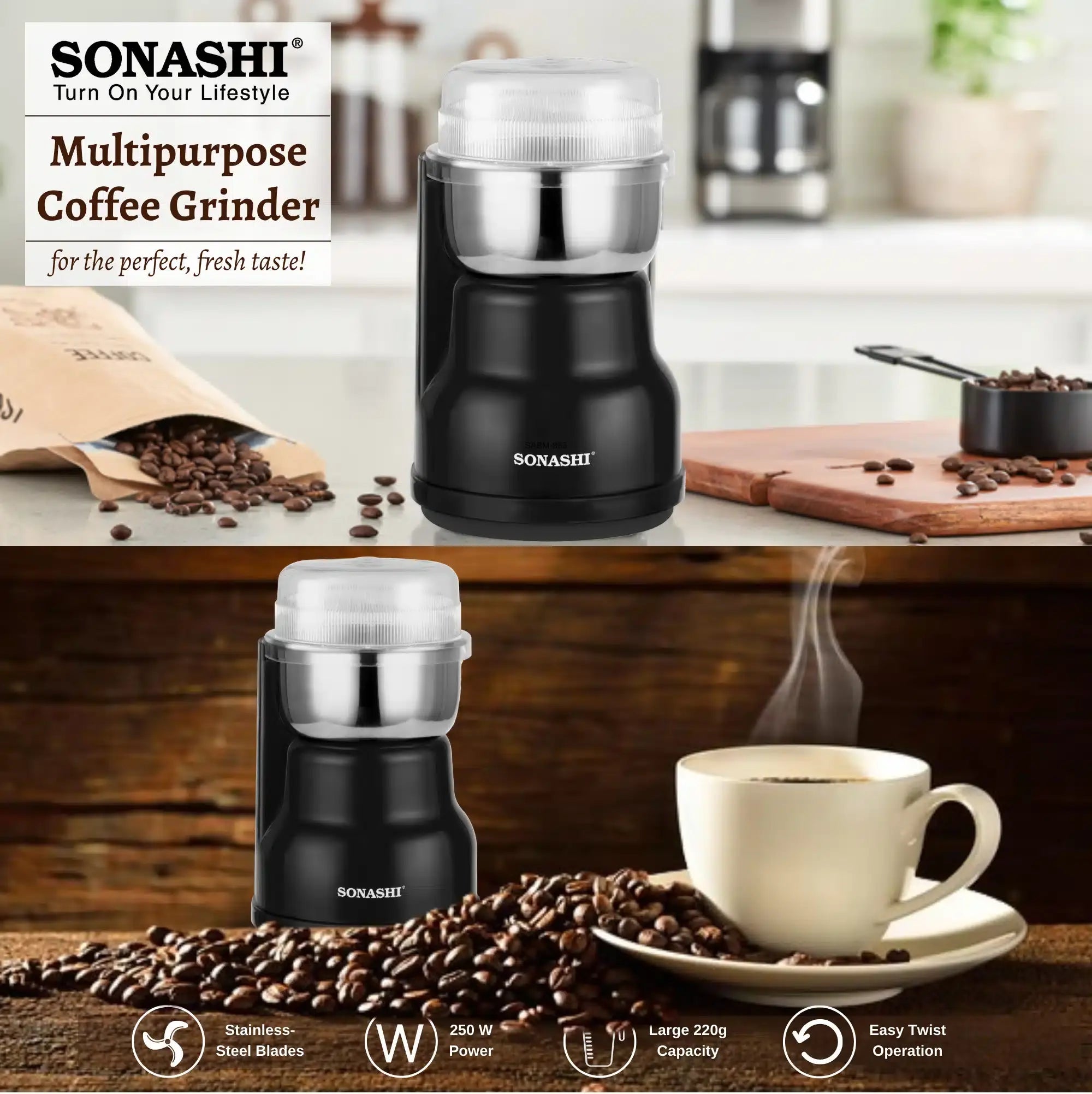 Sonashi Electric Coffee Grinder – 220ml Capacity, 250W Copper Motor, Stainless Steel Blade & Inner Tank, Low Noise Design – Ideal for Coffee Beans, Dry Spices, and Herbs – Black/Silver - SCG-4007 - Damoo