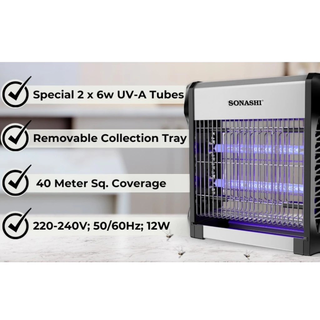 Sonashi Electric Insect Killer SIK-712N – Powerful UV-A Mosquito Zapper with 2700V Electric Grid, Removable Tray, Odor-Free, Indoor/Outdoor Use, 100m² Coverage - Damoo