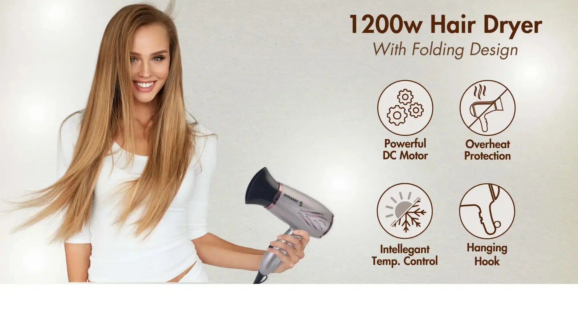 Sonashi Foldable Hair Dryer – SHD-5005N | 1200W Compact Travel Hair Dryer, Overheat Protection, 2 Speed & Heat Settings, Silver - Damoo
