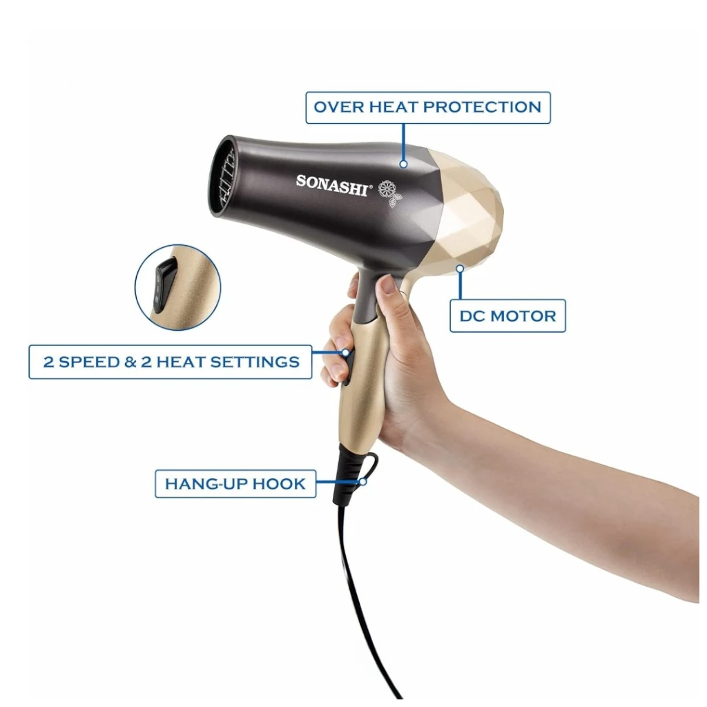 Sonashi Foldable Hair Dryer SHD-5008 – 1000W Gold/Black | 2 Speed & Heat Settings, Overheat Protection, Travel-Friendly Compact Hair Dryer - Damoo