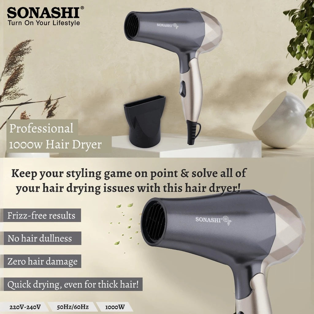 Sonashi Foldable Hair Dryer SHD-5008 – 1000W Gold/Black | 2 Speed & Heat Settings, Overheat Protection, Travel-Friendly Compact Hair Dryer - Damoo