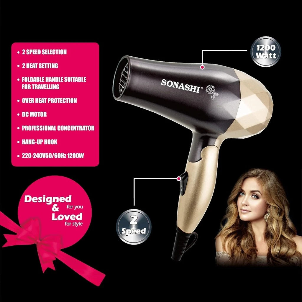 Sonashi Foldable Hair Dryer SHD-5008 – 1000W Gold/Black | 2 Speed & Heat Settings, Overheat Protection, Travel-Friendly Compact Hair Dryer - Damoo