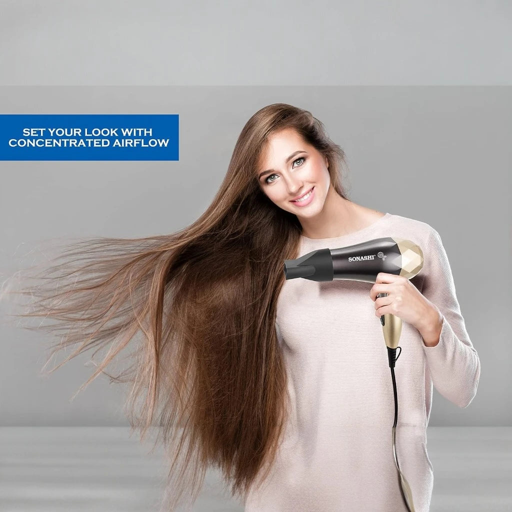 Sonashi Foldable Hair Dryer SHD-5008 – 1000W Gold/Black | 2 Speed & Heat Settings, Overheat Protection, Travel-Friendly Compact Hair Dryer - Damoo