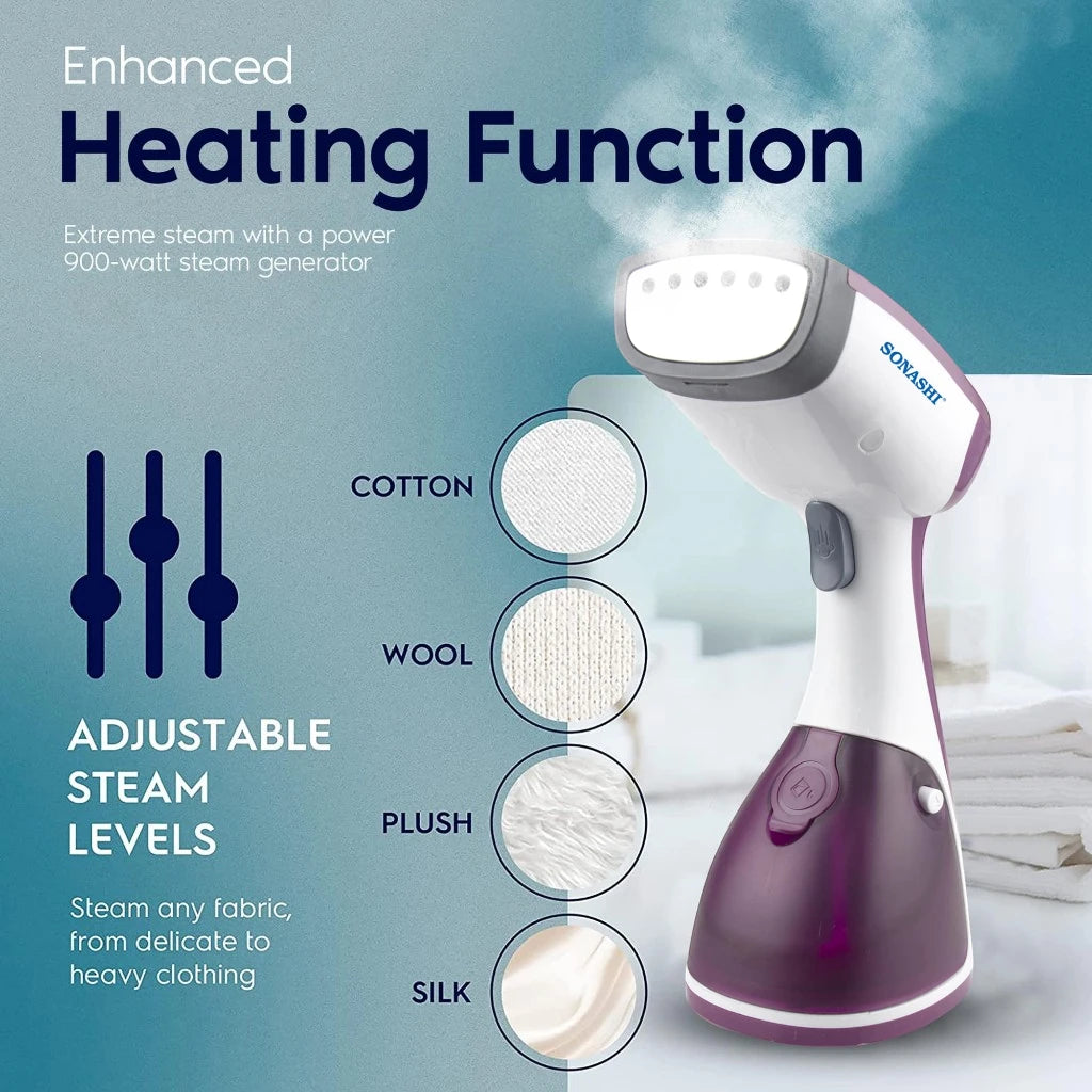 SONASHI Handheld Garment Steamer 1100W | 250ml Water Tank, Travel-Friendly | Heat-Proof Glove & Hanger Included | Ultra Easy Wrinkle Remover – Purple | - Damoo