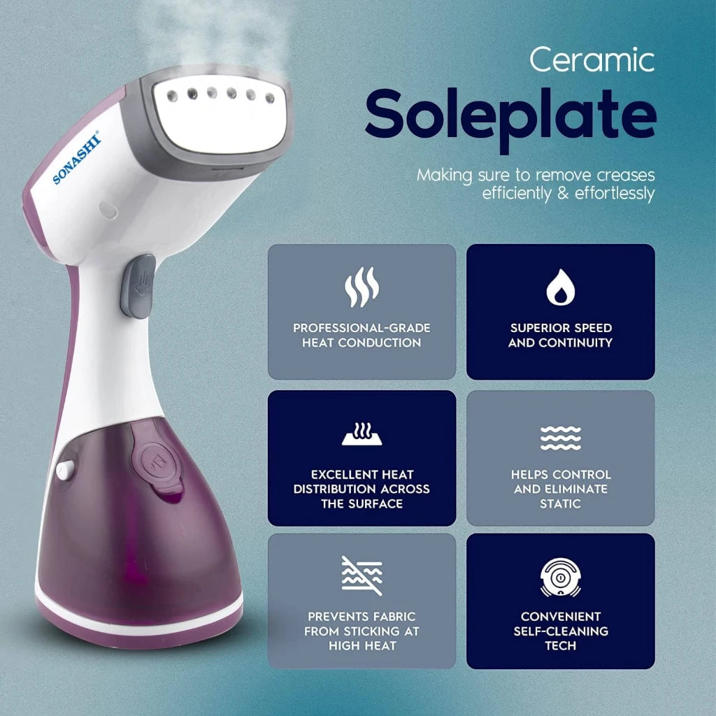 SONASHI Handheld Garment Steamer 1100W | 250ml Water Tank, Travel-Friendly | Heat-Proof Glove & Hanger Included | Ultra Easy Wrinkle Remover – Purple | - Damoo