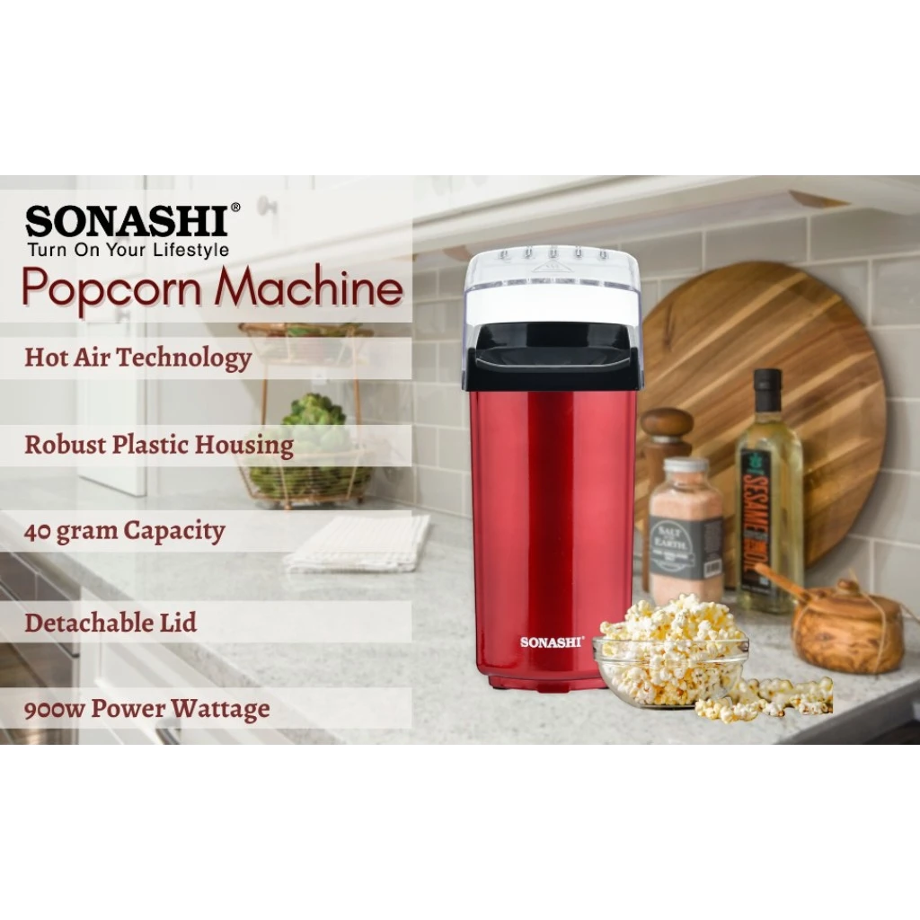 Sonashi Hot Air Popcorn Maker – Oil-Free, 40ml Capacity, 900W, Classic Style Design with Detachable Cap, On/Off Switch & Non-Slip Feet | Compact & Easy to Clean – Red (SPCM-101) - Damoo