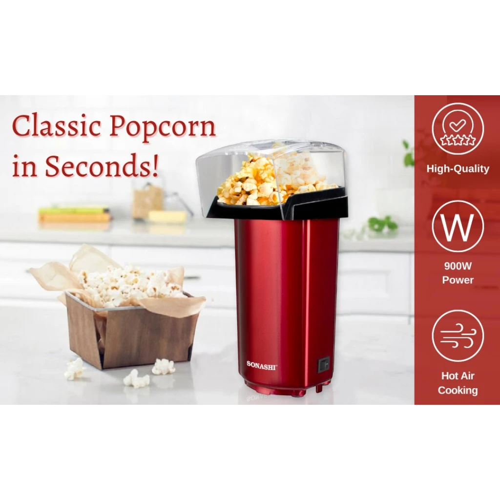 Sonashi Hot Air Popcorn Maker – Oil-Free, 40ml Capacity, 900W, Classic Style Design with Detachable Cap, On/Off Switch & Non-Slip Feet | Compact & Easy to Clean – Red (SPCM-101) - Damoo
