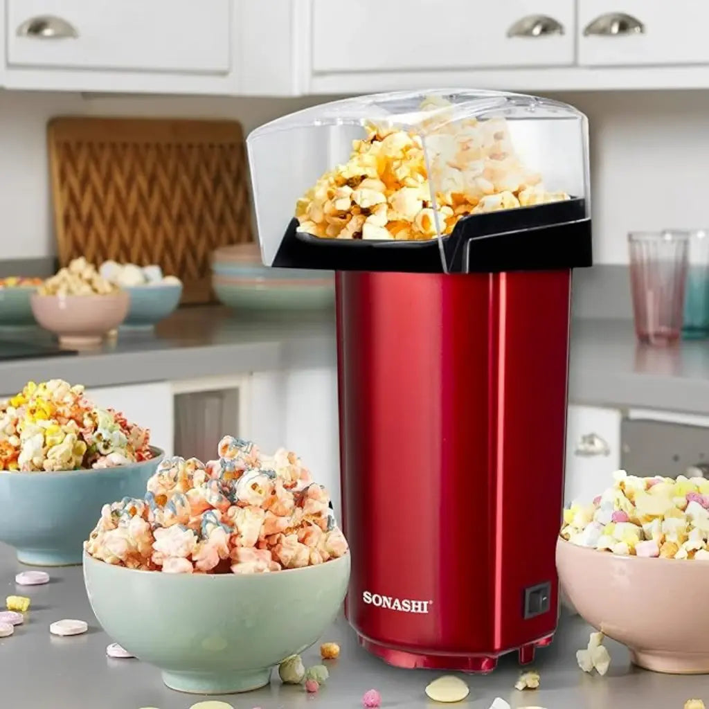Sonashi Hot Air Popcorn Maker – Oil-Free, 40ml Capacity, 900W, Classic Style Design with Detachable Cap, On/Off Switch & Non-Slip Feet | Compact & Easy to Clean – Red (SPCM-101) - Damoo