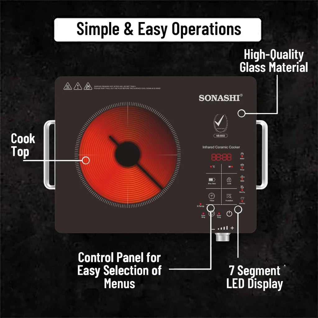 Sonashi Infrared Ceramic Cooker – 2000W Portable Cooktop with Touch Controls, 4-Digit Display, Timer, Adjustable Power & Safety Protection – Compact & Durable - SIS-016C - Damoo