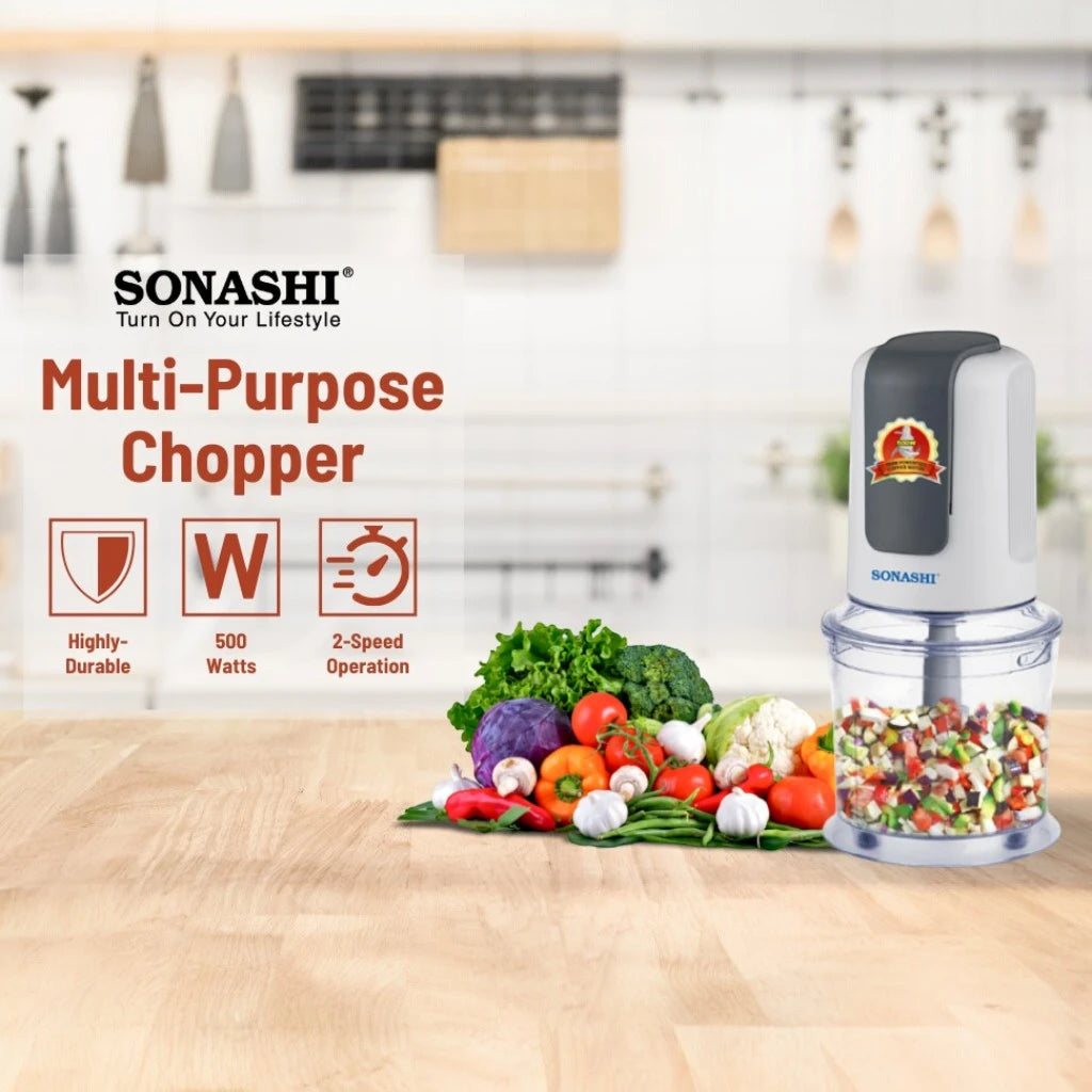 Sonashi Kitchen Chopper – 500W Electric Chopper with 500ML Capacity - Double Blade System - Safety Lock Mechanism - 2-Speed Push Down Operation - Ideal for Chopping & Blending - Compact Design - SMC-12 - Damoo