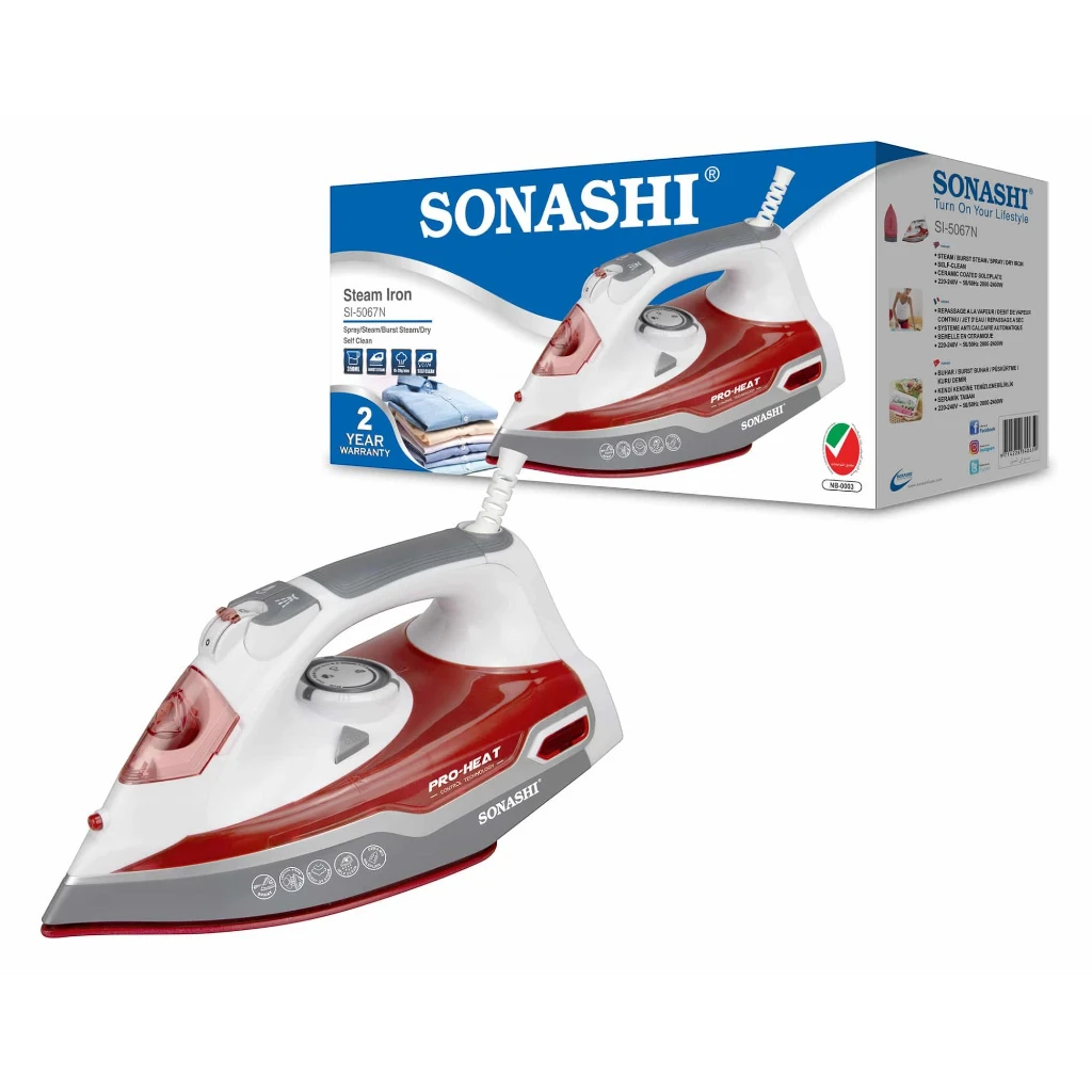 Sonashi Multifunctional Steam Iron – 2400W Ceramic Soleplate, Self-Cleaning, Overheat Protection, Red/White | SI-5067N - Damoo