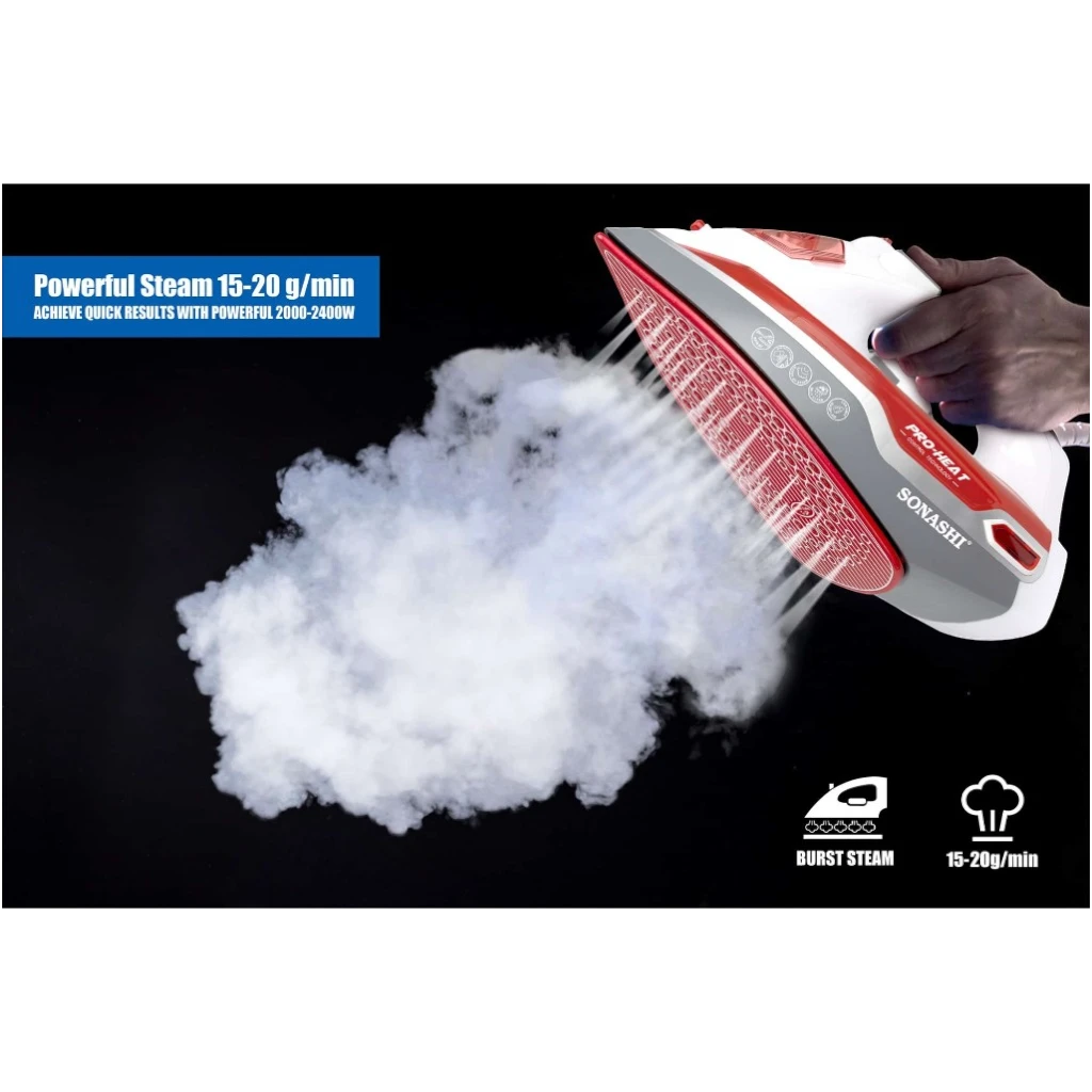 Sonashi Multifunctional Steam Iron – 2400W Ceramic Soleplate, Self-Cleaning, Overheat Protection, Red/White | SI-5067N - Damoo