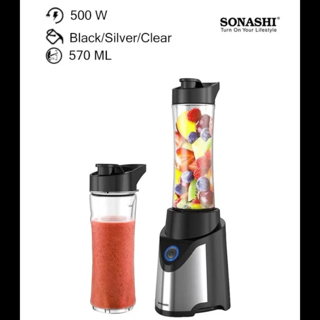 Sonashi Portable Sports Blender – 300W Smoothie Maker with One-Touch Operation, 570ML BPA-Free Travel Bottle, Stainless Steel Blades, Overheat Protection, LED Power Light, SB-184 - Black/Silver - Damoo