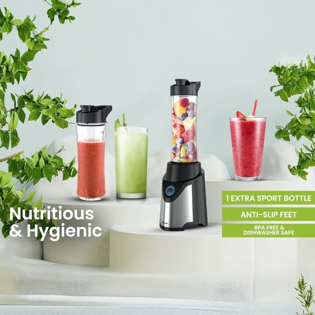 Sonashi Portable Sports Blender – 300W Smoothie Maker with One-Touch Operation, 570ML BPA-Free Travel Bottle, Stainless Steel Blades, Overheat Protection, LED Power Light, SB-184 - Black/Silver - Damoo