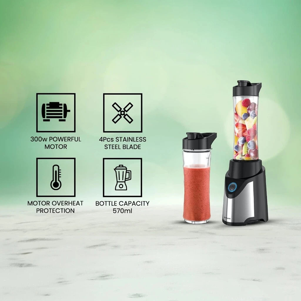 Sonashi Portable Sports Blender – 300W Smoothie Maker with One-Touch Operation, 570ML BPA-Free Travel Bottle, Stainless Steel Blades, Overheat Protection, LED Power Light, SB-184 - Black/Silver - Damoo